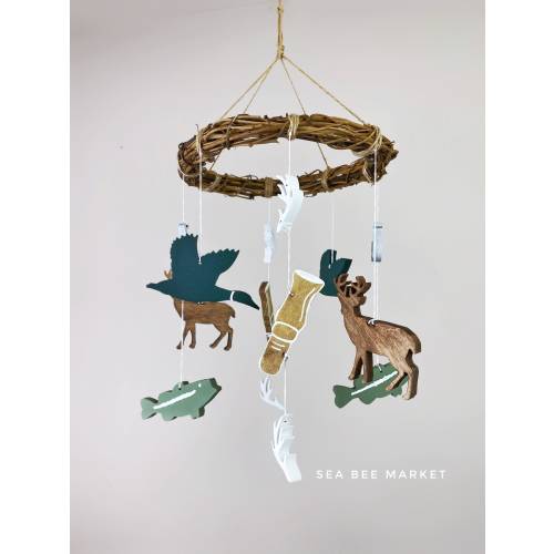 Hunting and Bass Fishing Crib Mobile for Woodland, Camping, Rustic Nursery - Largemouth bass, deer, ducks hanging mobile