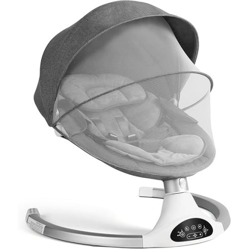 Baby Swing, Remote Control Infant Swing, Baby Rocker with 5 Point Harness, 10 Preset Lullabies, 3 Speeds, 3 Timing Function, for Boy Girl Up to 20 lbs, Grey