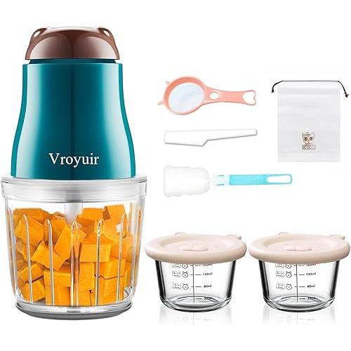 Baby Food Maker, 600ML Baby Food Blender with 10 Blades, Baby Food Processor for Baby Food, Fruit, Vegatable, Meat, with Two 200ml Glass Bowls, Storage Bag, Cleaning Brush, Scraper