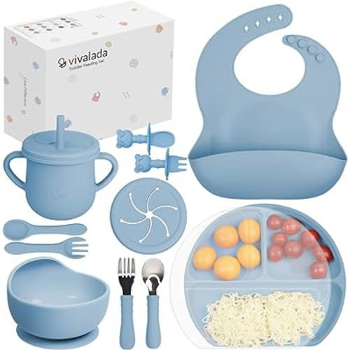 Silicone Baby Feeding Set - 12PCS Baby Led Weaning Supplies, Baby Suction Plate with Lid and Bowl Set, Baby Self Feeding Spoons Forks Sippy Cup and Bib, Baby Eating Set 6+ Months (Blue)