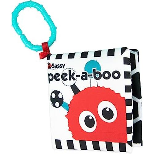 Sassy Peek-a-Boo Activity Book with Attachable Link for On-The-Go Travel | Black & White | for Ages Newborn and Up