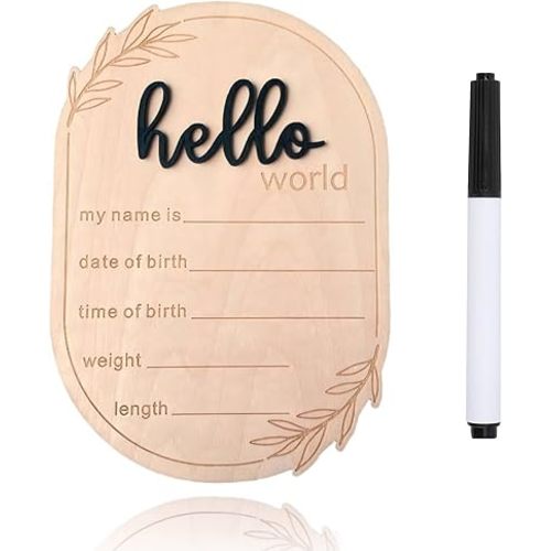 Baby Announcement Sign, 5.91x4.13 Inch Wooden Hello World Newborn Signs, Birth Announcement Sign, Ear of Wheat Decoration, Welcome Newborn Arrival to World, Hospital Nursery for baby (Black,Pen)