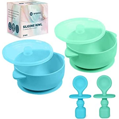 Sperric Silicone Suction Baby Bowl with Lid - BPA Free - 100% Food Grade Silicone - Infant Babies and Toddler Self Feeding (Blue/Green)