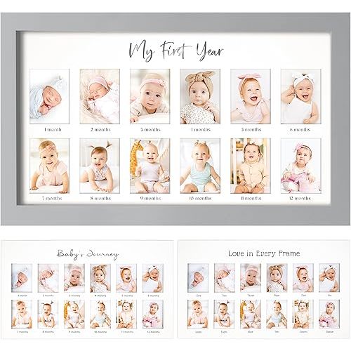 My First Year Photo Frame,12 Months Baby Picture Frame for Newborn Girl, Boy-Baby Shower Gifts Keepsakes,Monthly Baby's One Year Birthday Milestone,1st Nursery Photo Collage Display Board (Cloud Gray)