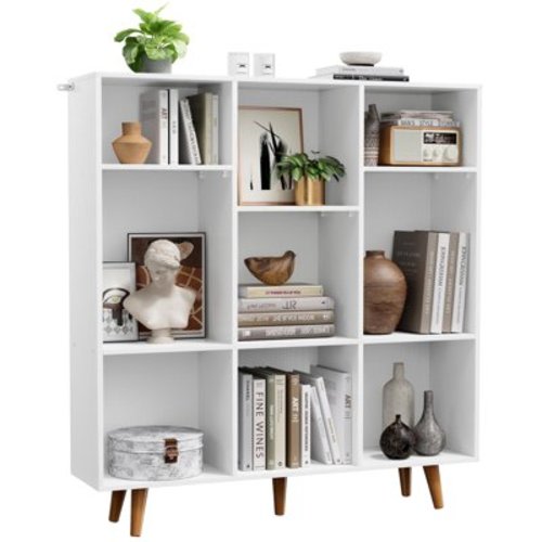 CHITOOMA 3-Tier 9-Cube Storage Organizer Bookshelf, Wood Bookcase with 3 Adjustable Shelves and Solid Legs for Home Office or Living Room, White