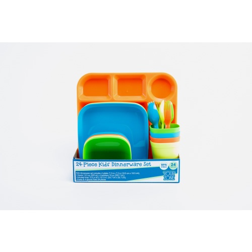 Your Zone 24 Piece Dinnerware Set for Kids with 4 each Trays, Bowls, Plates, Cups, Forks, Spoons in Bright Blue, Green, Orange, Yellow