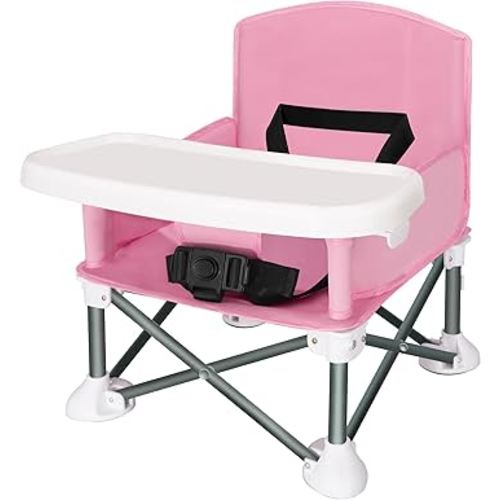 Toddler Travel Booster Seat, Compact Folding Eating Camping Beach Lawn Chair with Removable Tray Indoor Outdoor (Pink)