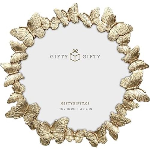 Gold Circular Butterfly Photo Frame / 4x4 In | For Vertical Display on Tabletops | Perfect for Home Decor, Wedding, Vacation, Graduation, Or Any Milestone Photos (Gold)