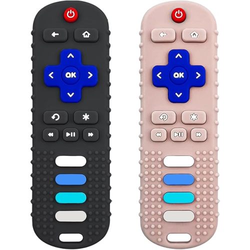 Baby Teething Toys, Food Grade Silicone Teether for Babies 3 6 12 18 Months, TV Remote Shape Toddlers Chew Toys, Freezer BPA Free (Black+Khaki)