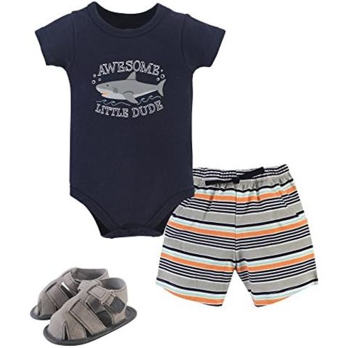Hudson Baby Unisex Baby Cotton Bodysuit, Shorts and Shoe Set