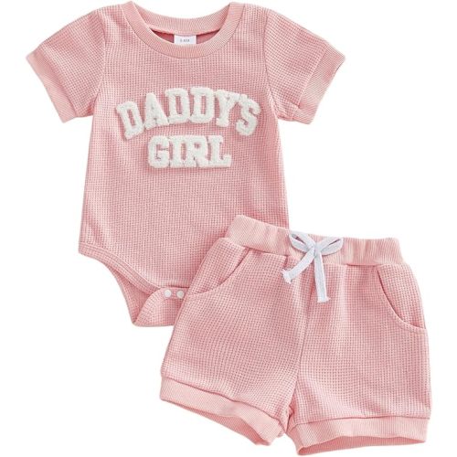 allshope Newborn Baby Girl Summer Outfit Set Romper Daddy Girl Embroidery Jumpsuit Tops Shorts Infant Waffle Clothes