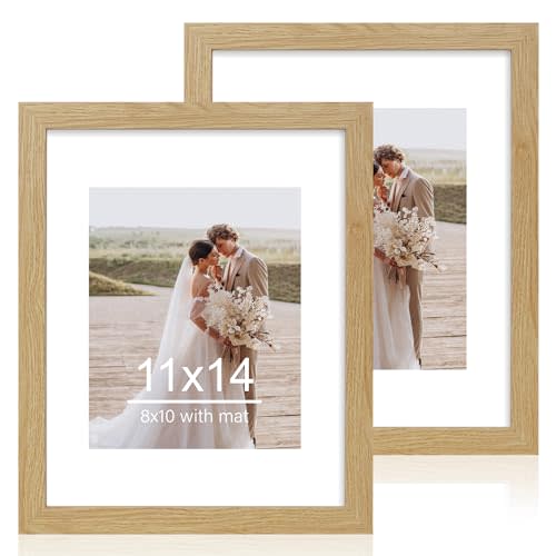 11x14 Picture Frame Set of 2, Made of Glass and Natural Oak Wooden Frame, Display 8x10 Pictures with Mat or 11 x 14 Posters without Mat for Wall Mounting, Gallery Photo Frames
