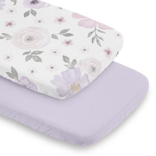 Sweet Jojo Designs Girl Baby Bassinet Fitted Sheets Set Watercolor Floral Purple Pink And Grey 2pc