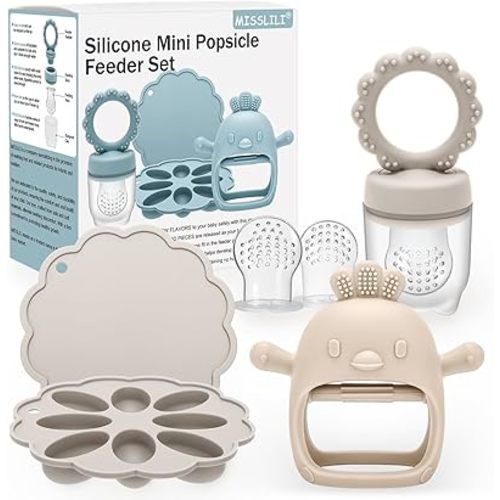 Baby Silicone Fruit Food Feeder Pacifier & Breastmilk Popsicle Freezer Molds, BPA Free Baby Food Storage Containers Frozen Ice Tray for Infant Teething Safely, Beige