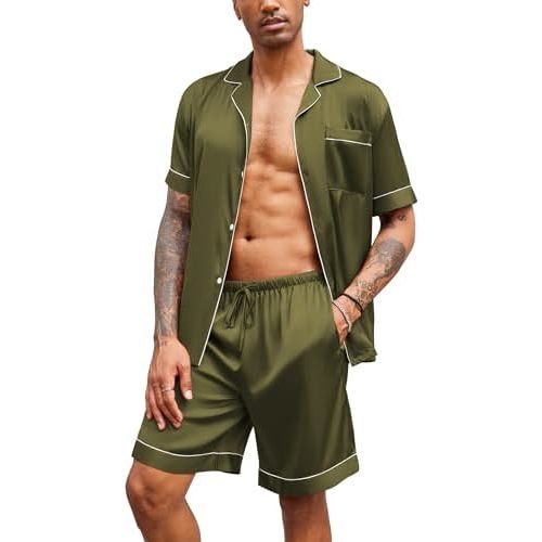 Ekouaer Mens Satin Pajamas Set Button-Down Short Sleeve Shirt Top Soft Silk Sleepwear Shorts with Pockets