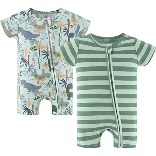 The Peanutshell Baby Boy Rompers 2 Pack - 100% Cotton Clothes, Rompers for Newborn, Infant, and Baby Boy - Green Dino