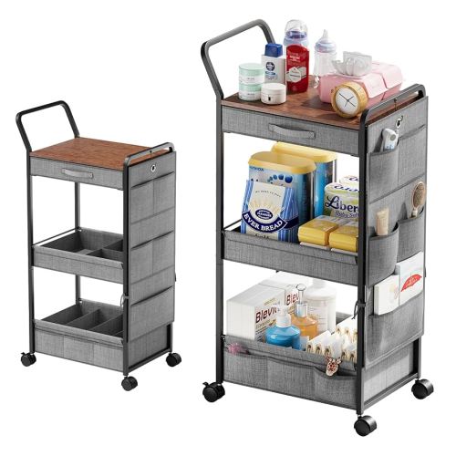 BBLIKE 3-Tier Diaper Caddy Organizer - Rolling Utility Baby Cart with Drawer and Side Pockets for Nursery and Baby Essentials, Multi-Function Cart for Bedroom and Bathroom, Black and Brown