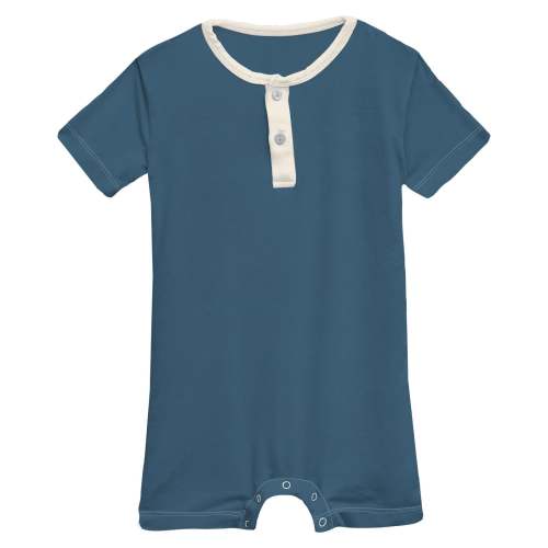 Short Sleeve Henley Romper in Deep Sea with Natural