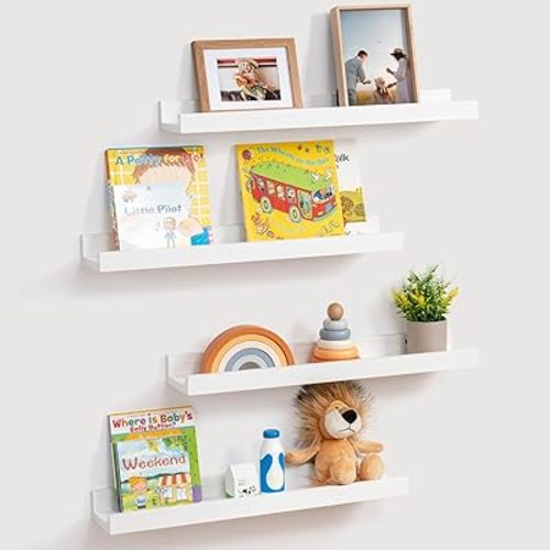 Fun Memories White Floating Shelves Wall Mounted, Natural Wood Picture Ledge Shelves Photo Shelves Wall Shelf for Bedroom Kitchen Nursery Bathroom, 24 Inch Long, Set of 4