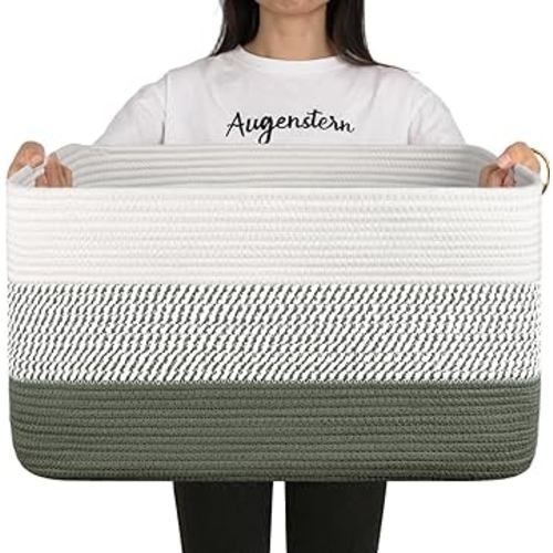 OIAHOMY Large Blanket Basket, 22”x17”x12” Rectangle Woven Baskets, Nursery Blanket Storage Living Room, Toy Storage With Handle, Large Baskets for Organizing-Green/White