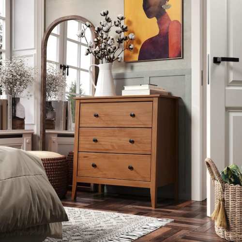 Solid Wood 3 Drawer Dresser 31.89 in H, 29.92 in W, 17.13 in D-Caramel