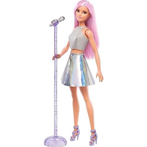 Barbie Careers Fashion Doll & Accessory, Pop Star with Pink Hair & Brown Eyes Wearing Iridescent Skirt with Microphone