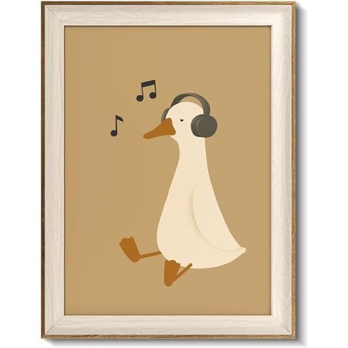 VIYYIEA Framed Wall Art for Living Room, Ducks Wearing Headphones Canvas Prints, Humorous Home Decor, Animals Painting Picture, Bathroom Wall Decor Gifts for Friends or Family - 16L x 12W