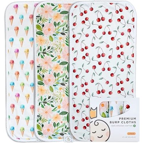 Little Crown Burp Cloths 100% Organic Cotton – 3 Pack Large 21''x10'' – Ultra-Soft and Absorbent – Double Layered Baby Washcloths – Baby Girl Newborn Essentials (Flowers, Cherries and Ice Creams)
