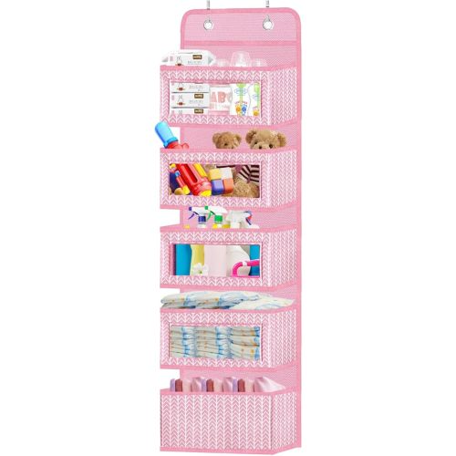 VERONLY Over The Door Hanging Organizer with 5 Large Pockets - Wall Mount Pantry Storage with 2 Big Metal Hooks for Baby Girl’s Diapers Closet, Bathroom, Nursery, Bedroom, Dorm, Baby, Kids Toys (Pink)