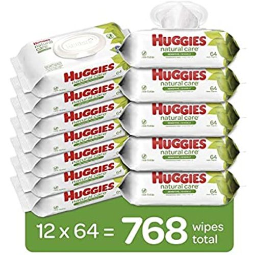Huggies Natural Care Sensitive Baby Wipes, Unscented, 12 Flip-Top Packs (768 Wipes Total)