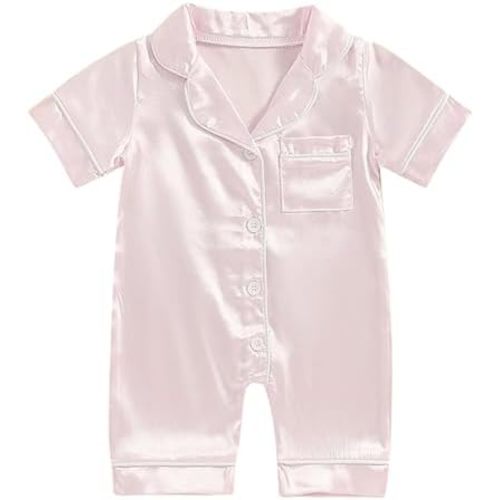 Infant Baby Girl Boy Silk Jumpsuit Pajamas Short Sleeve Button-Up Satin Pjs Footie One-Piece Romper Pajama Nightgown