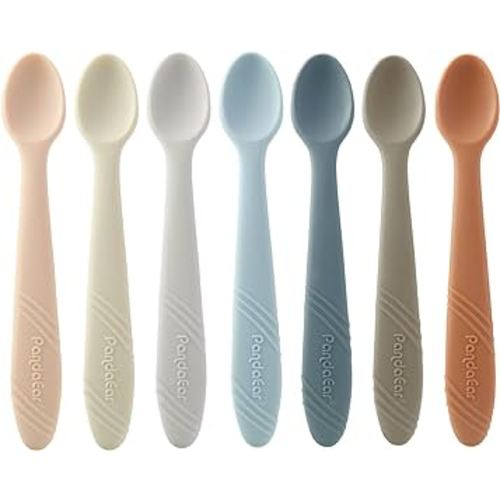 PandaEar 7 Pack Silicone Baby Feeding Spoons, First Stage Training Spoon Infant Utensils Feeding Supplies, BPA Free Gum-Friendly Soft Tip Baby Led Weaning Spoon