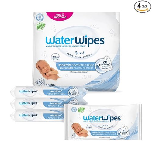 WaterWipes Sensitive+ Newborn & Baby Wipes, 3-In-1 Cleans, Cares, Protects, 99.9% Water, Unscented & Hypoallergenic, 240 Count (4 Packs)