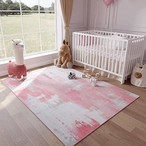 Kelarea Pink Nursery Rug for Baby Girl, 5x7 Modern Abstract Washable Rugs for Kid's Bedroom, Low Pile Non Slip Large Carpet for Dorm, Living Room, Kids Playroom