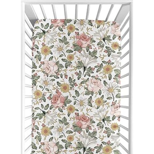 Sweet Jojo Designs Vintage Floral Boho Girl Fitted Crib Sheet Baby or Toddler Bed Nursery - Blush Pink, Yellow, Green and White Shabby Chic Rose Flower Farmhouse