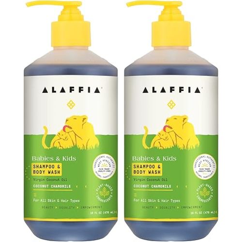Alaffia Babies and Kids Shampoo and Body Wash, Gentle and Calming Support for Soft Hair and Skin with Yarrow and Chamomile, Coconut Chamomile, 2 Pack - 16 Fl Oz Ea