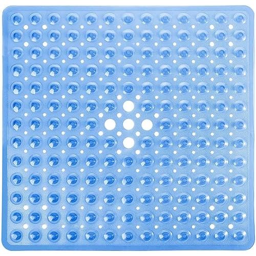 Yimobra Shower Stall Mat Non Slip, 21x21 Inch, Soft Square Bath Mat for Shower with Suction Cups and Drain Holes, Stall Floor Mats for Bathroom, Machine Washable, Bathroom Accessories, Clear Blue