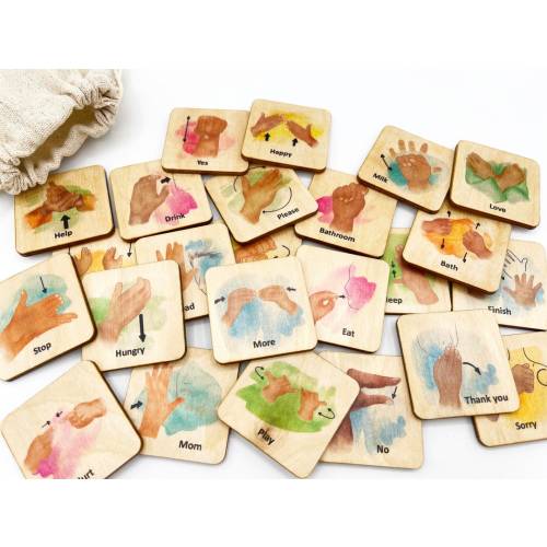 ASL Sign Language Hand Gestures/ 24 Toddler Baby Kids Learn Sign Language wooden cards/ Homeschool Classroom Learning Sign Language toys