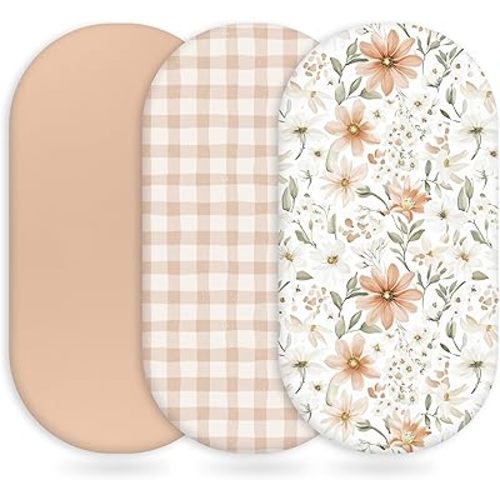 Baby Bassinet Sheets Girl Boy, Fitted Bassinet Sheet Set 3 Pack Bassinet Mattress Sheets Universal Fit for Rectangle, Round, Oval, Hourglass Mattress, Soft Breathable Orange Flowers & Plaid