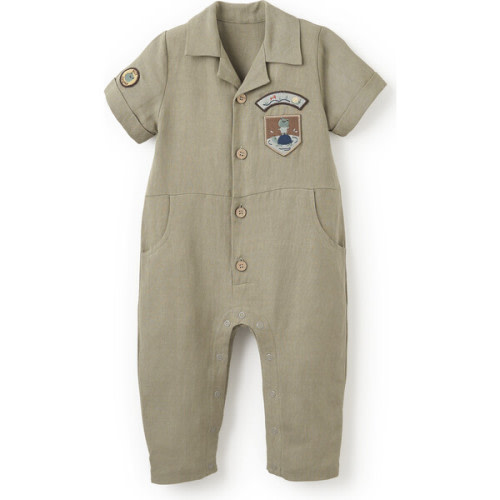 Pond Friends Olive Green Linen Camp Collar Jumpsuit, Green - Elegant Baby | Maisonette
