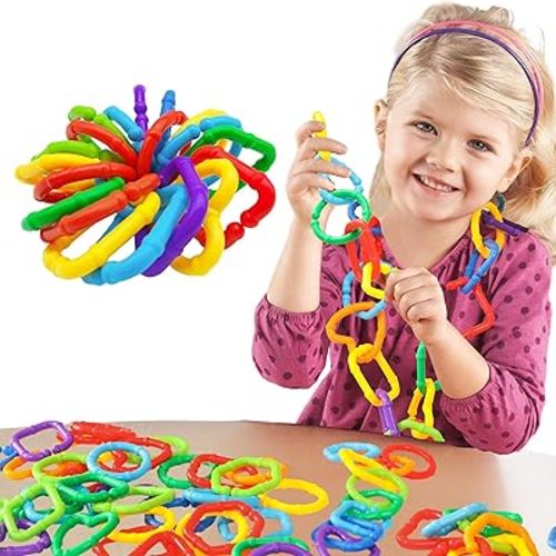 RAINBOW TOYFROG Baby Links Rings - 35 Geometric Linking Chains Ring Toys for Baby - Safe Infant Toys for Teething and Sensory Development - Car Seat & Stroller Toys for Infants & Toddlers