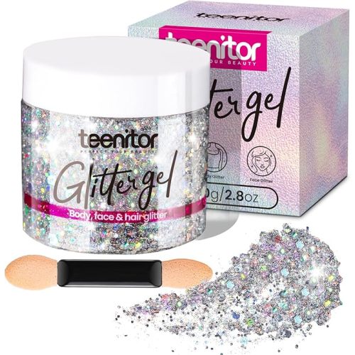 Teenitor Body Glitter, Body Glitter Gel, Hair Glitter, Face Glitter, Holographic Chunky Makeup Silver Glitter Gel for Face, Makeup, Hair, Eye