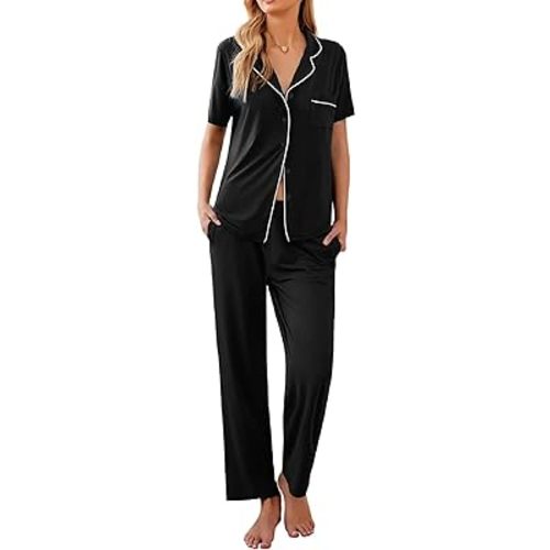 Ekouaer Women Pajamas Set Button Down Sleepwear Short Sleeve Nightwear with Long Pants Soft Pjs Set S-XXL