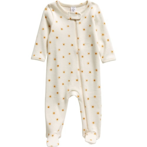 Baby Print Zip Cotton Footie, 3M or 6 months Ivory Egret Happy Suns