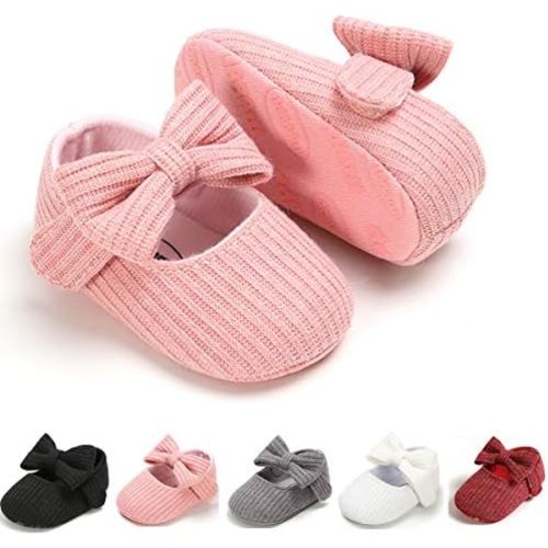 Baby Girls Mary Jane Flats with Bowknot Flowers Princess Wedding Dress Ballet Shoes Non-Slip Toddler First Walkers Newborn Crib Shoes