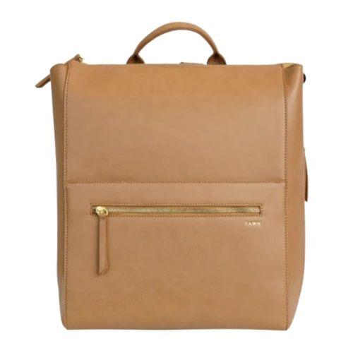 FAWN DESIGN Diaper Bag, Square Faux Leather Diaper Bag Backpack, Adjustable Detachable Straps, 12 Pockets and Laptop Sleeve, Vegan Leather, Large Capacity Baby Bag for Mom, 15 x 12 x 8 inches, Tan
