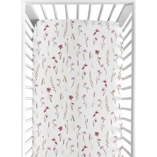 Sweet Jojo Designs Baby Crib Sheets Girl - Boho Garden Pink Floral Fitted Crib Sheet for Infant Nursery Toddler Room Standard Mattress - Flower Bohemian Farmhouse Wildflower Vintage Shabby Chic Nature