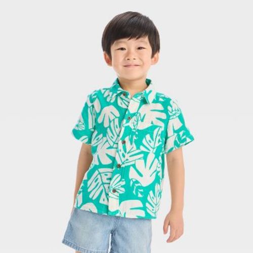 Toddler Boys' Palm Printed Gauze Shirt - Cat & Jack™ Green 12M: Cotton, Lightweight, Botanical Pattern, Front Pocket, Collared