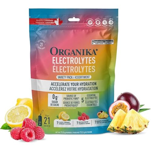 Organika Canadian-Made Electrolytes Powder- Variety Pack Sachets (Raspberry + Lemonade + Pineapple Passion), On-the-Go Sugar-Free Hydration and Electrolyte Replenishment with Prebiotics and Vitamin C- 3.5g x 20ct