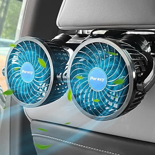 Poraxy Car Fan, 12V Cooling Fans for Backseat for Kids, Headrest 360 Degree Rotatable Dual Head Back Seat Stepless Speed Vehicles Rear Seat Air Fan for Sedan SUV RV